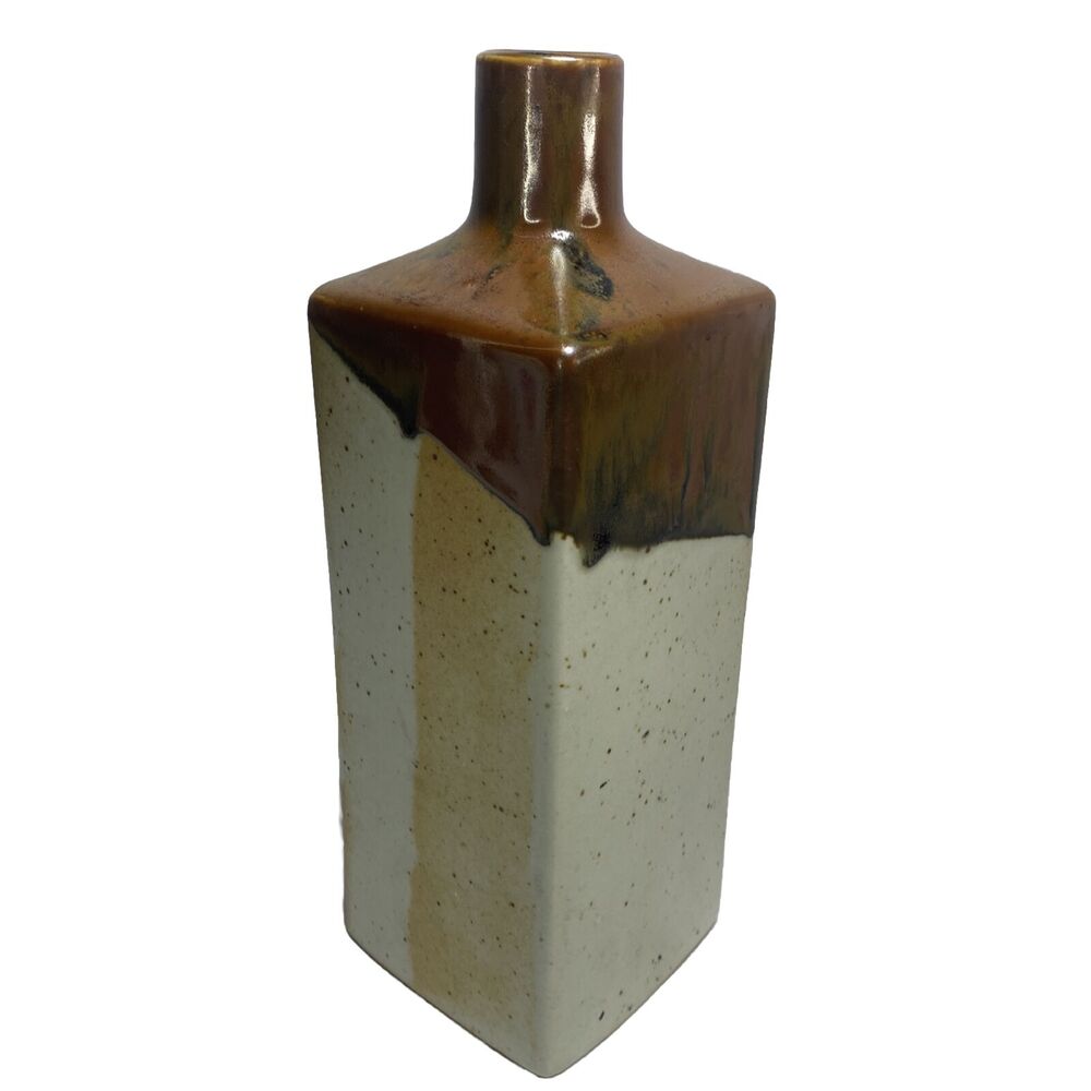 Vtg Takahashi Japan Stoneware Bud Vase 10” Brown Drip Glaze MCM Bottle Minimalis